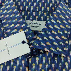 NWT Stenstroms Businessmen Print Fitted Body Stretch Blue Dress Shirt